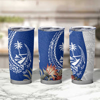 Blue Guam Hafa Adai Tumbler Cup Tropical Flowers with Polynesian Pattern