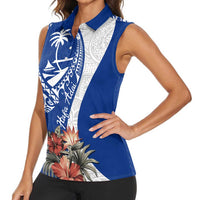 Blue Guam Hafa Adai Women Sleeveless Polo Shirt Tropical Flowers with Polynesian Pattern