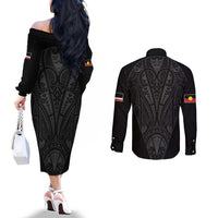Queensland Maori Rugby Nga Hau e Wha Couples Matching Off The Shoulder Long Sleeve Dress and Long Sleeve Button Shirt Black Motif