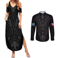 Queensland Maori Rugby Nga Hau e Wha Couples Matching Summer Maxi Dress and Long Sleeve Button Shirt Black Motif