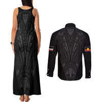 Queensland Maori Rugby Nga Hau e Wha Couples Matching Tank Maxi Dress and Long Sleeve Button Shirt Black Motif