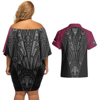 Queensland Maori Rugby Nga Hau e Wha Couples Matching Off Shoulder Short Dress and Hawaiian Shirt Maroon Motif