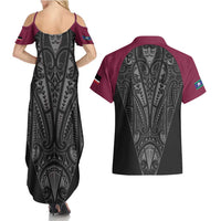 Queensland Maori Rugby Nga Hau e Wha Couples Matching Summer Maxi Dress and Hawaiian Shirt Maroon Motif