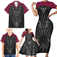 Queensland Maori Rugby Nga Hau e Wha Family Matching Short Sleeve Bodycon Dress and Hawaiian Shirt Maroon Motif