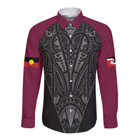Queensland Maori Rugby Nga Hau e Wha Long Sleeve Button Shirt Maroon Motif