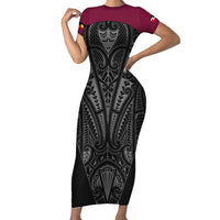 Queensland Maori Rugby Nga Hau e Wha Short Sleeve Bodycon Dress Maroon Motif LT9 Long Dress Maroon - Polynesian Pride
