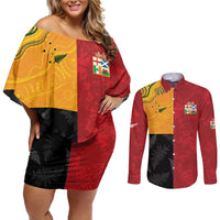 Custom British Lions-AUNZ Couples Matching Off Shoulder Short Dress and Long Sleeve Button Shirt Australia-New Zealand Indigenous Motif