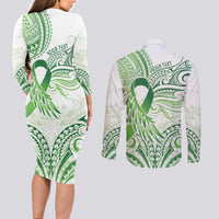 Its Okay Green Ribbon Personalised Couples Matching Long Sleeve Bodycon Dress and Long Sleeve Button Shirt Polynesian Depression Awareness