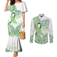 Its Okay Green Ribbon Personalised Couples Matching Mermaid Dress and Long Sleeve Button Shirt Polynesian Depression Awareness