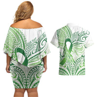Its Okay Green Ribbon Personalised Couples Matching Off Shoulder Short Dress and Hawaiian Shirt Polynesian Depression Awareness