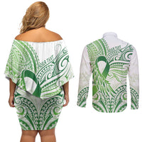 Its Okay Green Ribbon Personalised Couples Matching Off Shoulder Short Dress and Long Sleeve Button Shirt Polynesian Depression Awareness