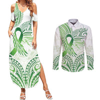 Its Okay Green Ribbon Personalised Couples Matching Summer Maxi Dress and Long Sleeve Button Shirt Polynesian Depression Awareness