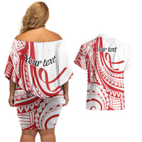 Know Your Status Red Ribbon Personalised Couples Matching Off Shoulder Short Dress and Hawaiian Shirt Polynesian AIDS Awareness
