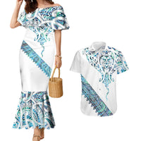Kahui Whetu Paua shell Kowhaiwhai Taniko Personalised Couples Matching Mermaid Dress and Hawaiian Shirt Manta Ray Shark-Turtle Maori Tribal Style LT9 Blue - Polynesian Pride
