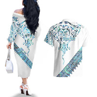 Kahui Whetu Paua shell Kowhaiwhai Taniko Personalised Couples Matching Off The Shoulder Long Sleeve Dress and Hawaiian Shirt Manta Ray Shark-Turtle Maori Tribal Style LT9 - Polynesian Pride