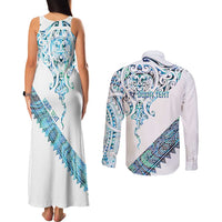 Kahui Whetu Paua shell Kowhaiwhai Taniko Personalised Couples Matching Tank Maxi Dress and Long Sleeve Button Shirt Manta Ray Shark-Turtle Maori Tribal Style