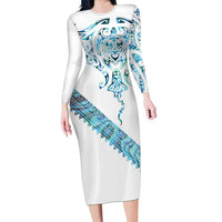 Kahui Whetu Paua shell Kowhaiwhai Taniko Personalised Family Matching Long Sleeve Bodycon Dress and Hawaiian Shirt Manta Ray Shark-Turtle Maori Tribal Style LT9 Mom's Dress Blue - Polynesian Pride
