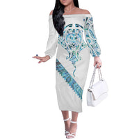 Kahui Whetu Paua shell Kowhaiwhai Taniko Personalised Family Matching Off The Shoulder Long Sleeve Dress and Hawaiian Shirt Manta Ray Shark-Turtle Maori Tribal Style LT9 Mom's Dress Blue - Polynesian Pride