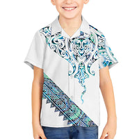 Kahui Whetu Paua shell Kowhaiwhai Taniko Personalised Family Matching Off The Shoulder Long Sleeve Dress and Hawaiian Shirt Manta Ray Shark-Turtle Maori Tribal Style LT9 Son's Shirt Blue - Polynesian Pride
