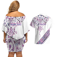 Mawhero Paua shell Kowhaiwhai Taniko Personalised Couples Matching Off Shoulder Short Dress and Hawaiian Shirt Manta Ray Shark-Turtle Maori Tribal Style LT9 - Polynesian Pride