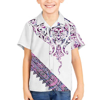 Mawhero Paua shell Kowhaiwhai Taniko Personalised Family Matching Puletasi and Hawaiian Shirt Manta Ray Shark-Turtle Maori Tribal Style LT9 Son's Shirt Pink - Polynesian Pride