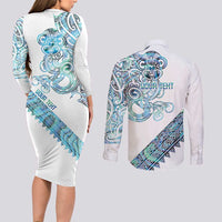 Kahui Whetu Paua shell Kowhaiwhai Taniko Personalised Couples Matching Long Sleeve Bodycon Dress and Long Sleeve Button Shirt Taniwha Maori Tribal Style