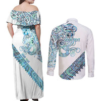Kahui Whetu Paua shell Kowhaiwhai Taniko Personalised Couples Matching Off Shoulder Maxi Dress and Long Sleeve Button Shirt Taniwha Maori Tribal Style