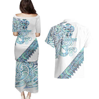 Kahui Whetu Paua shell Kowhaiwhai Taniko Personalised Couples Matching Puletasi and Hawaiian Shirt Taniwha Maori Tribal Style