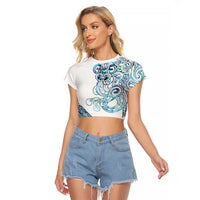 Kahui Whetu Paua shell Kowhaiwhai Taniko Personalised Raglan Cropped T Shirt Taniwha Maori Tribal Style LT9 Female Blue - Polynesian Pride