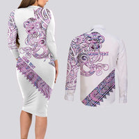Mawhero Paua shell Kowhaiwhai Taniko Personalised Couples Matching Long Sleeve Bodycon Dress and Long Sleeve Button Shirt Taniwha Maori Tribal Style