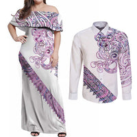 Mawhero Paua shell Kowhaiwhai Taniko Personalised Couples Matching Off Shoulder Maxi Dress and Long Sleeve Button Shirt Taniwha Maori Tribal Style