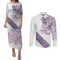 Mawhero Paua shell Kowhaiwhai Taniko Personalised Couples Matching Puletasi and Long Sleeve Button Shirt Taniwha Maori Tribal Style