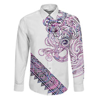 Mawhero Paua shell Kowhaiwhai Taniko Personalised Family Matching Off Shoulder Maxi Dress and Hawaiian Shirt Taniwha Maori Tribal Style LT9 Dad's Shirt - Long Sleeve Pink - Polynesian Pride