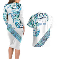 Kahui Whetu Paua shell Kowhaiwhai Taniko Personalised Couples Matching Long Sleeve Bodycon Dress and Hawaiian Shirt Turtle Tattoo Maori Tribal Style LT9 - Polynesian Pride