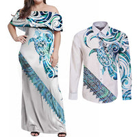 Kahui Whetu Paua shell Kowhaiwhai Taniko Personalised Couples Matching Off Shoulder Maxi Dress and Long Sleeve Button Shirt Turtle Tattoo Maori Tribal Style