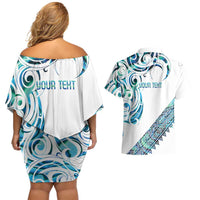 Kahui Whetu Paua shell Kowhaiwhai Taniko Personalised Couples Matching Off Shoulder Short Dress and Hawaiian Shirt Turtle Tattoo Maori Tribal Style