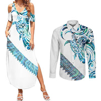 Kahui Whetu Paua shell Kowhaiwhai Taniko Personalised Couples Matching Summer Maxi Dress and Long Sleeve Button Shirt Turtle Tattoo Maori Tribal Style