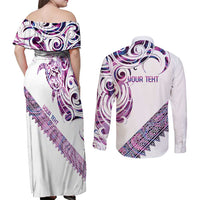 Mawhero Paua shell Kowhaiwhai Taniko Personalised Couples Matching Off Shoulder Maxi Dress and Long Sleeve Button Shirt Turtle Tattoo Maori Tribal Style
