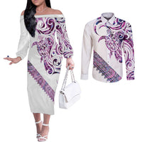 Mawhero Paua shell Kowhaiwhai Taniko Personalised Couples Matching Off The Shoulder Long Sleeve Dress and Long Sleeve Button Shirt Turtle Tattoo Maori Tribal Style