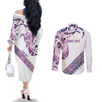 Mawhero Paua shell Kowhaiwhai Taniko Personalised Couples Matching Off The Shoulder Long Sleeve Dress and Long Sleeve Button Shirt Turtle Tattoo Maori Tribal Style