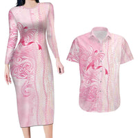 Breast Cancer Awareness Couples Matching Long Sleeve Bodycon Dress and Hawaiian Shirt Maile Pikake Lokelani Crown Flower Lei Inspired LT9 Pink - Polynesian Pride