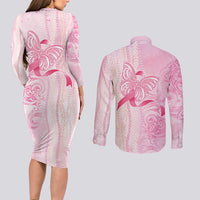 Breast Cancer Awareness Couples Matching Long Sleeve Bodycon Dress and Long Sleeve Button Shirt Maile Pikake Lokelani Crown Flower Lei Inspired