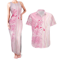 Breast Cancer Awareness Couples Matching Tank Maxi Dress and Hawaiian Shirt Maile Pikake Lokelani Crown Flower Lei Inspired