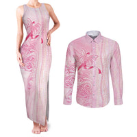 Breast Cancer Awareness Couples Matching Tank Maxi Dress and Long Sleeve Button Shirt Maile Pikake Lokelani Crown Flower Lei Inspired