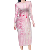 Breast Cancer Awareness Family Matching Long Sleeve Bodycon Dress and Hawaiian Shirt Maile Pikake Lokelani Crown Flower Lei Inspired LT9 Mom's Dress Pink - Polynesian Pride