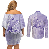 Epilepsy Awareness Couples Matching Off Shoulder Short Dress and Long Sleeve Button Shirt Maile Pikake Lokelani Crown Flower Lei Inspired LT9 - Polynesian Pride