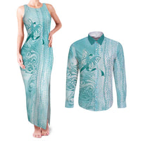 PTSD Awareness Couples Matching Tank Maxi Dress and Long Sleeve Button Shirt Maile Pikake Lokelani Crown Flower Lei Inspired LT9 Teal - Polynesian Pride
