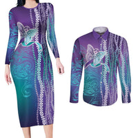 Suicide Prevention Awareness Couples Matching Long Sleeve Bodycon Dress and Long Sleeve Button Shirt Maile Pikake Lokelani Crown Flower Lei Inspired LT9 Multicolor - Polynesian Pride