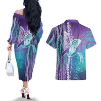 Suicide Prevention Awareness Couples Matching Off The Shoulder Long Sleeve Dress and Hawaiian Shirt Maile Pikake Lokelani Crown Flower Lei Inspired