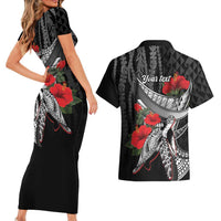 Hawaiian Honu Personalized Couples Matching Short Sleeve Bodycon Dress and Hawaiian Shirt Black Tribal Hook Pattern